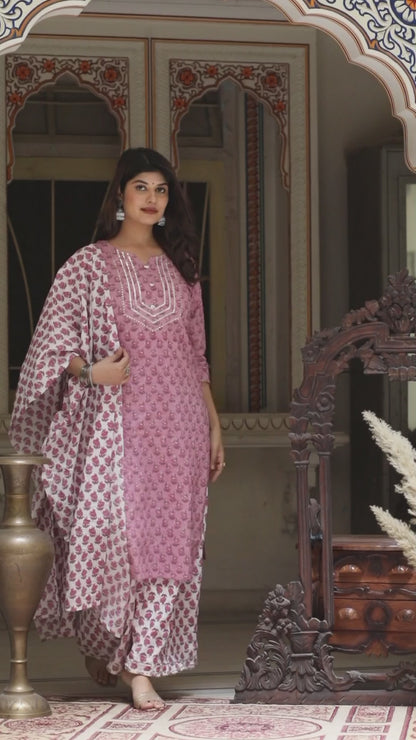 Women's Pink Cotton Kurta With Palazzo & Dupatta Set - Miravan
