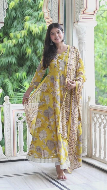 Women's Cotton Gotapatti And Lace Border Yellow Anarkali Kurta And Dupatta Set - Miravan