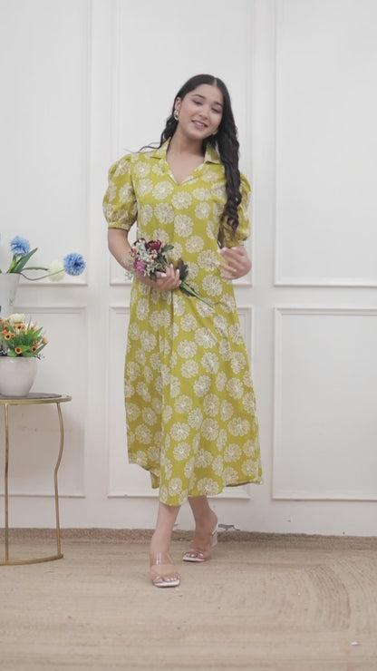 Miravan Women's Yellow Printed Puff Sleeve Floral  Maxi Party Dress