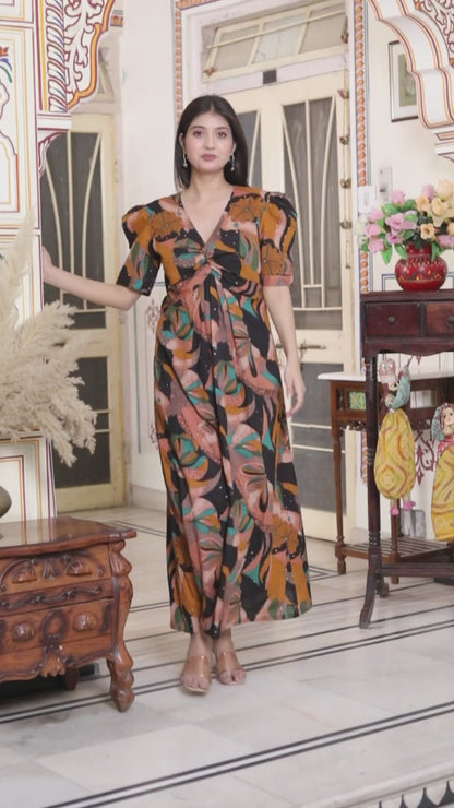 Miravan Womens Pure Cotton Black Puff Sleeve Floral printed Butterfly Maxi Dress