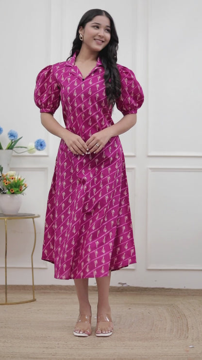 Miravan Womens Magenta Floral Printed Cotton Dress with one side Pocket