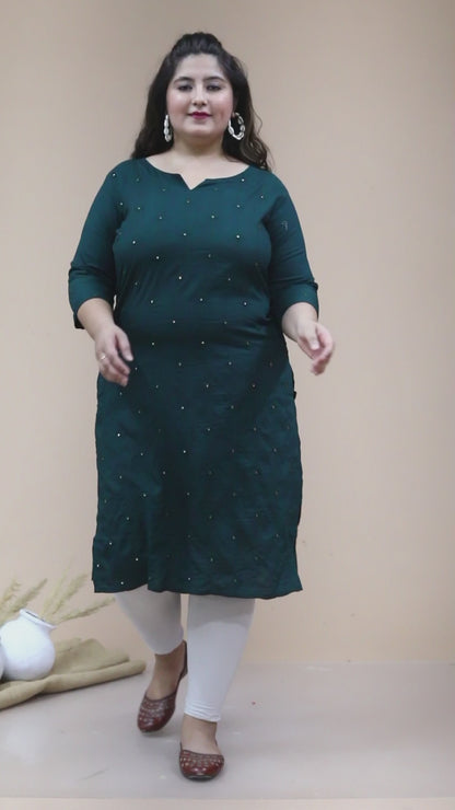 Women'S Plus Size Green Embroidered Straight Kurti - Miravan