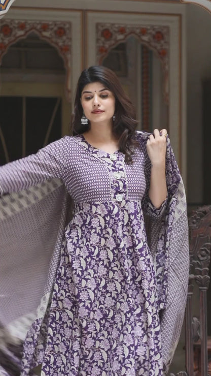 Women's Purple Cotton Floral Gota Lace Work Anarkali Kurta And Dupatta - Miravan