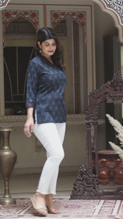 Women's Blue Printed Indigo Top- Miravan