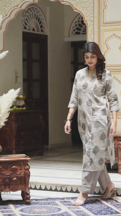 Women's Beige Pure Cotton Printed Straight Kurta And Palazzo - Miravan