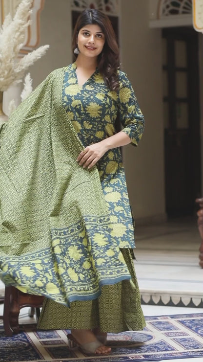 Women's Green Cotton Floral Straight Kurta & Sharara With Dupatta Set - Miravan