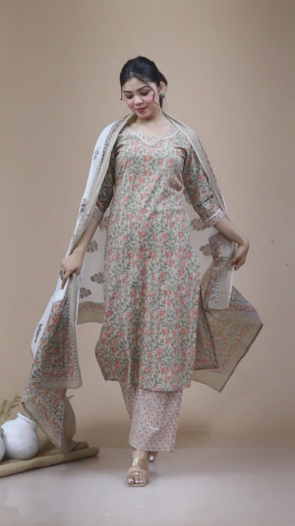Women'S Brown Floral Printed Gotta Patti Kurta With Palazzo And Dupatta Set - Miravan