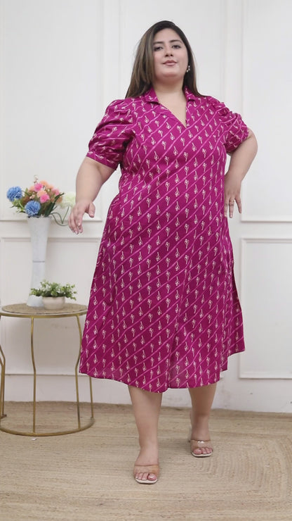 Miravan Plus Size Womens Magenta Floral Printed Cotton Dress with one side Pocket