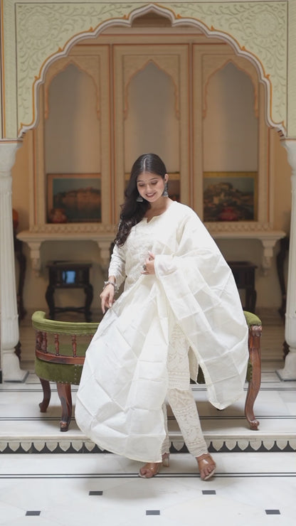 Women's Chikankari Cream Straight Kurta Palazzo With Dupatta Set - Miravan