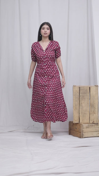 Miravan Womens Relaxed Fit Red Floral Printed A-Line Pure Cotton Midi Dress