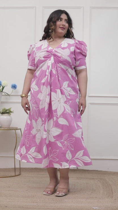 Miravan Womens Plus Size Pink Floral Print Puff Sleeve Pure Cotton Fit Flare Butterfly Maxi Dress