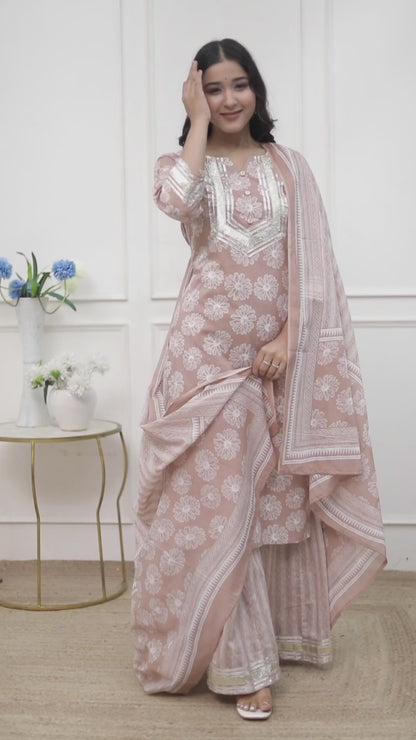 Miravan Women Brown Floral Printed Cotton Straight ethnic Kurta with Palazzo and Dupatta