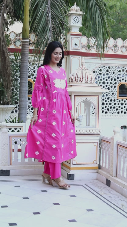 Women's Jaipuri Moti And Chikan Embroidered & Lace Embellished Pink Bandhani Printed Palazzo Set - Miravan