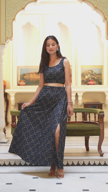 Women's Blue Abstract Print Crop Top And Side Slit A-Line Skirt Co-Ord Set - Miravan