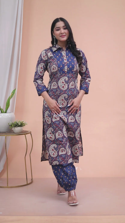 Miravan Womens Cotton Floral Printed Shirt-Collar Co-ord Set