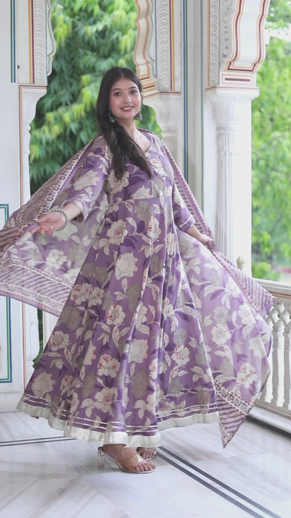 Women's Purple Flower Printed With Lace Border Anarkali Kurta With Dupatta Set - Miravan