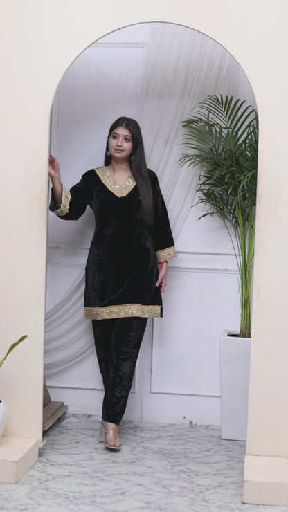 Women's Black Velvet Dreams Embroidered Co-Ord Set - Miravan