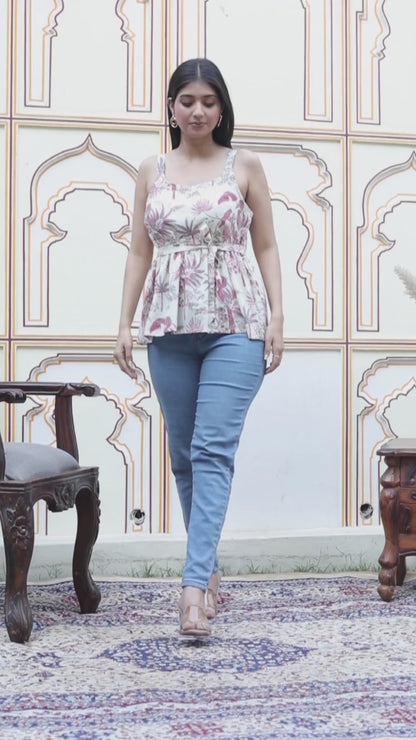Miravan Womens Pure Cotton Light Pink Bird And Printed Sleeveless Casual Top