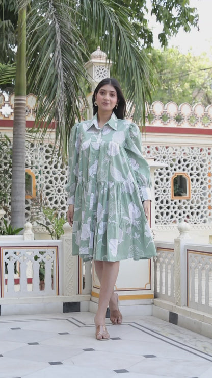 Miravan Womens Pure Cotton Green Long Puff Sleeve Gathered Tiered Loose Fit A-Line Dress