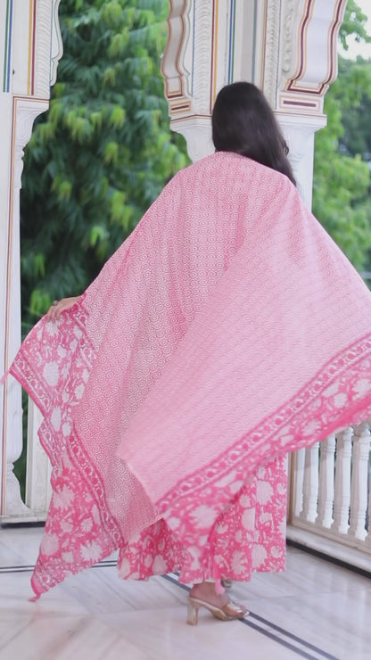 Women's Pink Cotton Floral Print Anarkali Kurta With Dupatta - Miravan