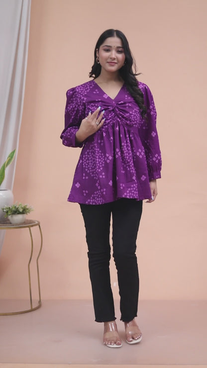 Miravan Womens Purple Bandhani Printed Butterfly Style Top