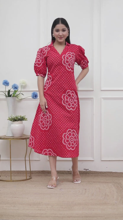Miravan Womens Red Bandhani Printed Collar Neck Midi Dress