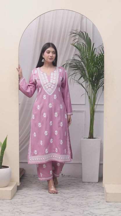 Women's Chikankari Embroidery Pink Straight Kurta & Palazzo Set - Miravan