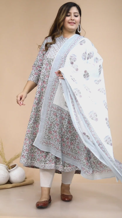 Women's Plus Size Blue Printed With Gota Patti Work Anarkali Kurta With Dupatta - Miravan