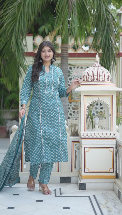 Women's Cotton Straight Style Blue Kurta With Palazzo And Dupatta - Miravan