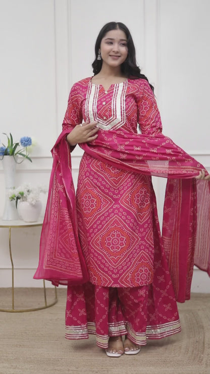 Miravan Women's Pink Bandhani Printed Straight Kurta with Palazzo & Dupatta