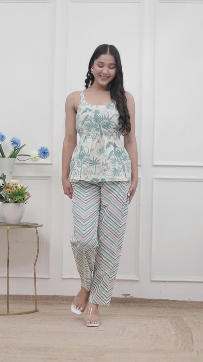 Miravan Green Round Neck Pure Cotton Printed Kurti Set for Women