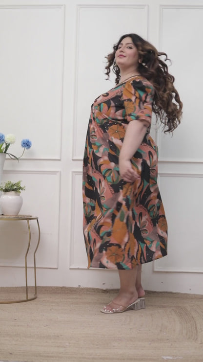 Miravan Womens Plus Size Pure Cotton Black Puff Sleeve Floral printed Butterfly Maxi Dress