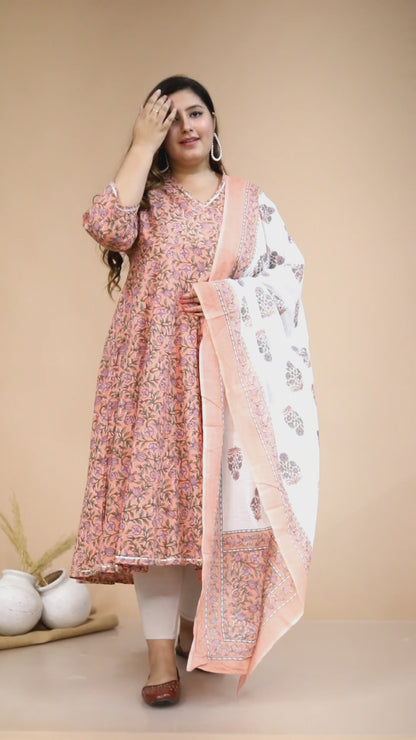 Women's Plus Size Surpassing Orange Partywear Floral Printed Anarkali Kurta Dupatta  - Miravan