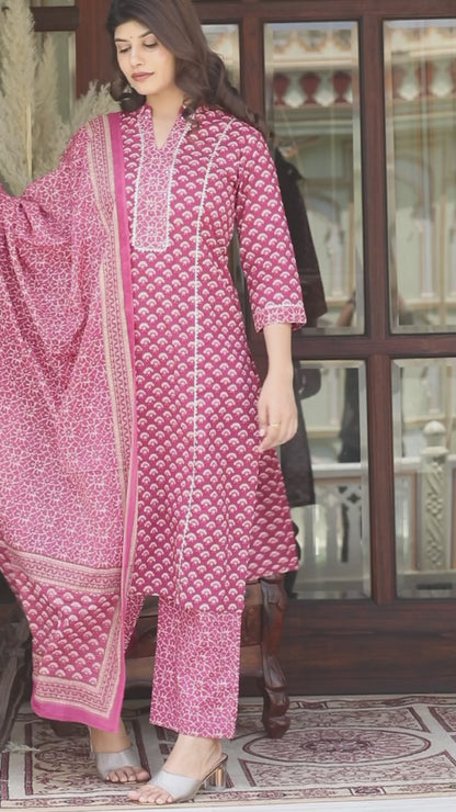 Women's Pink Straight Floral Printed Kurta & Palazzo With Dupatta Set -Miravan