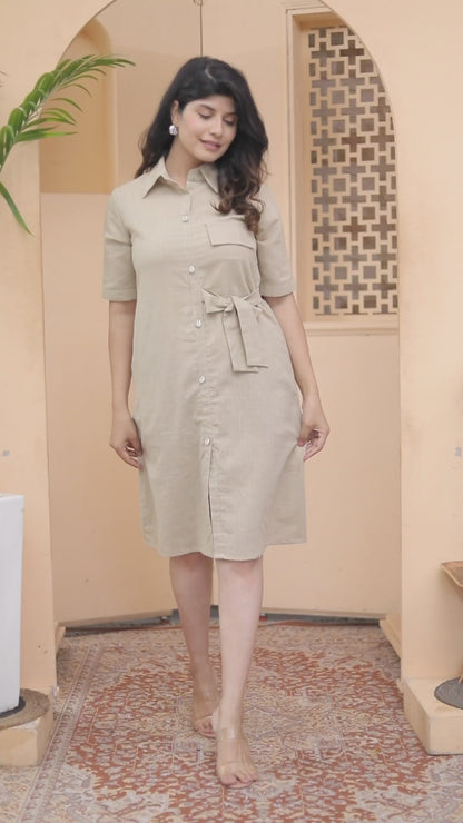 Miravan Womens Beige Solid Midi Dress with Belt and Side Pocket