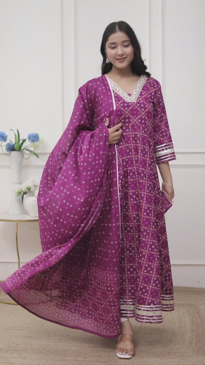 Miravan Women's Bandhani embroidred ethnic Anarkali Kurta and Dupatta