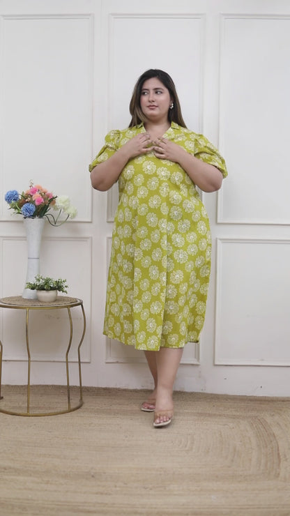 Miravan Plus Size Women's Yellow Printed Puff Sleeve Floral  Maxi Party Dress