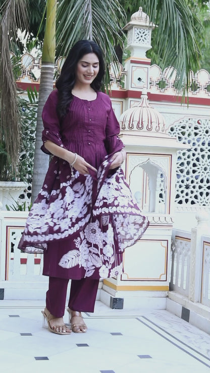 Women's Wine Pintucks Cotton Floral Elegant Straight Kurta And Palazzo With Dupatta Set - Miravan
