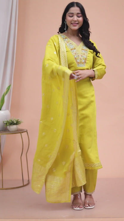 Miravan Womens Muslin Yellow  Kurta and Palazzo with Dupatta Set