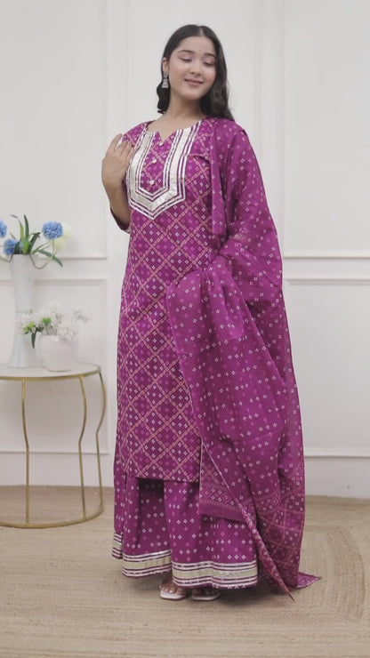 Miravan Magenta Embroidered cotton Kurta with Palazzo and Dupatta
