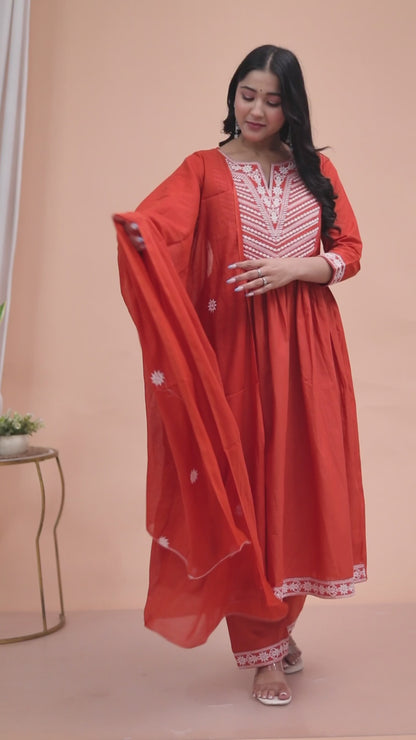 Miravan Womens Floral Embroidered Rust Straight Cotton Kurta & Palazzo with Dupatta Set
