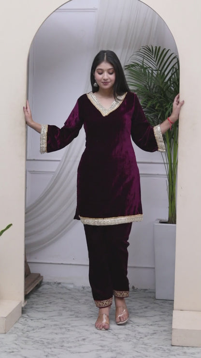 Women's Wine Embroidered Velvet Co-Ord Set - Miravan