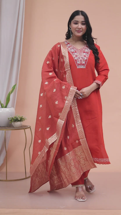 Miravan Womens Orange Embroidery Straigh Kurta with Palazzo and Dupatta set