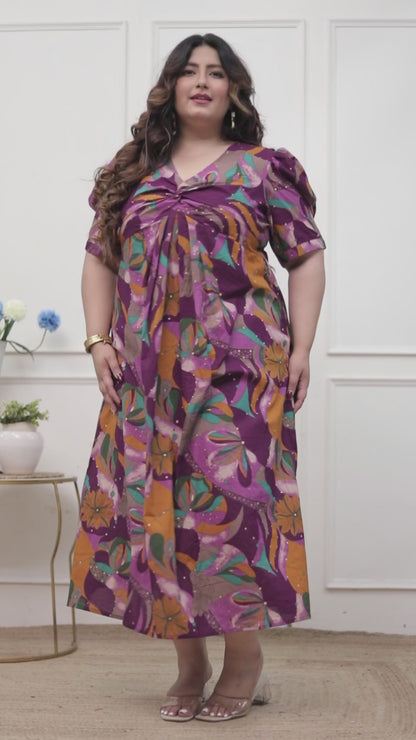 Miravan Womens Plus Size Floral Print Puff Sleeve Pure Cotton Fit Flare Magenta Butterfly Maxi Dress