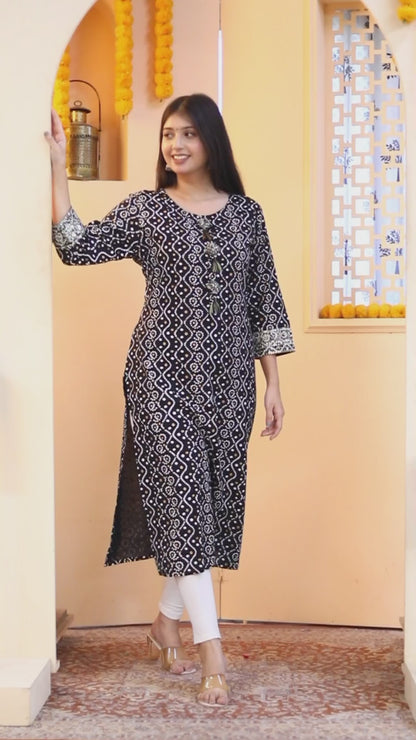 Women's Rayon Embroidery Black Bandhani Printed Straight Kurti - Miravan