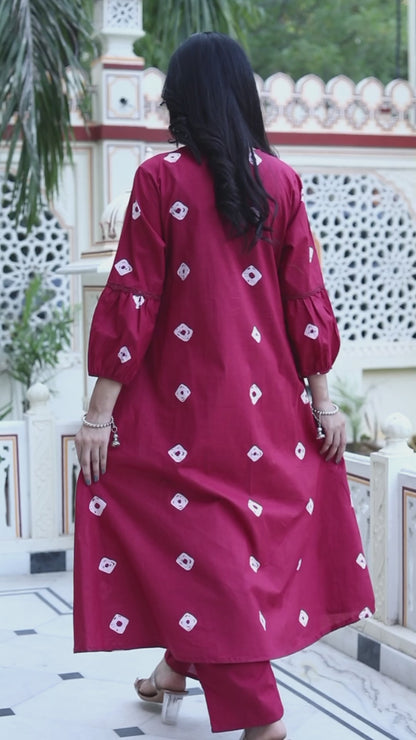 Women's Red Bandhani Printed Moti And Chikan Embroidered & Lace Work A Line Palazzo Set - Miravan