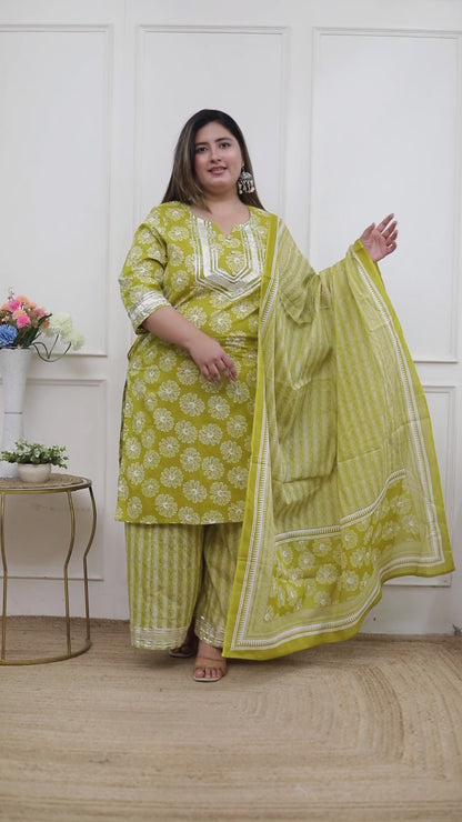 Miravan Plus Size Women's Lime Yellow Embroidered Straight Kurta with Palazzo and Dupatta