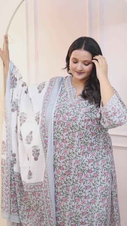 Women's Plus Size Pure Cotton Traditional Straight Kurta With Palazzo And Dupatta Set - Miravan
