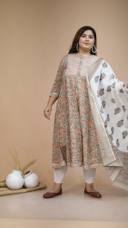 Women's Partywear Brown Floral Printed Gota Work Long Anarkali With Dupatta Set - Miravan
