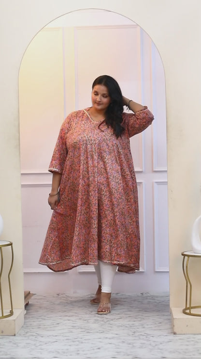 Women's Plus Size Surpassing Orange Colored Partywear Floral Printed Cotton Kurta Dupatta Set - Miravan